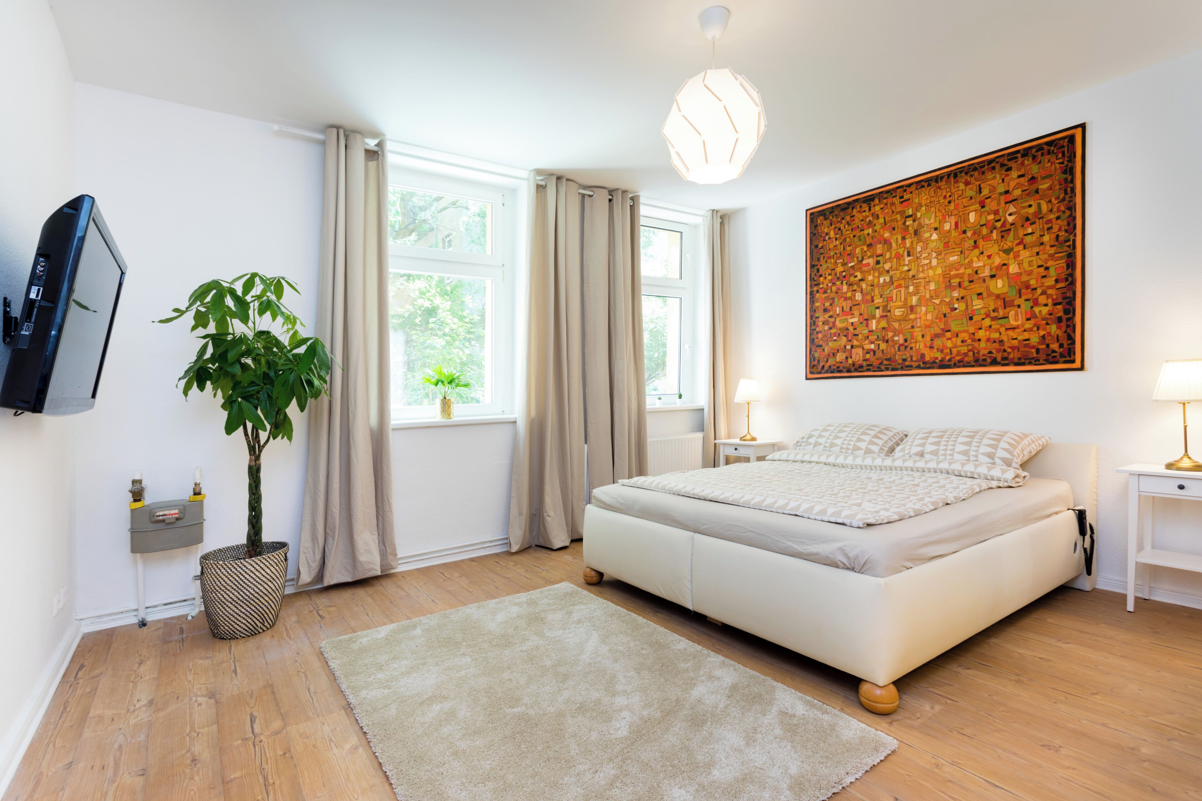 A bedroom with a bed, a TV, a plant, a window, and a painting.