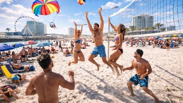 A beach volleyball game with a Ferris wheel and buildings in the background. - Wavecrest Retreat On Strip  (Daytona Beach)