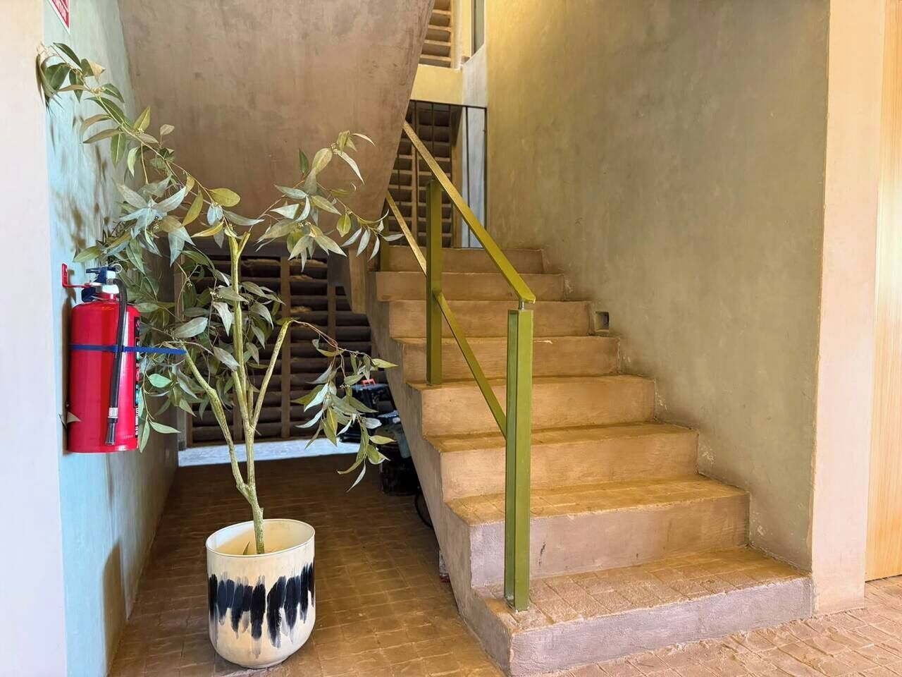 A staircase with a potted plant, a fire extinguisher, and a wooden floor.