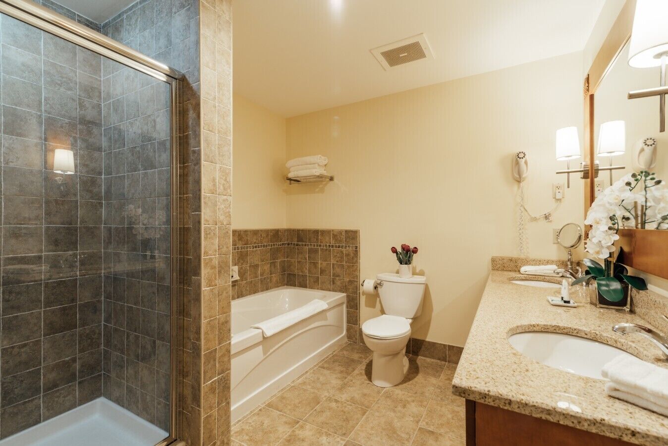 Une salle de bain équipée d’une douche, d’une baignoire, de toilettes et d’un lavabo.