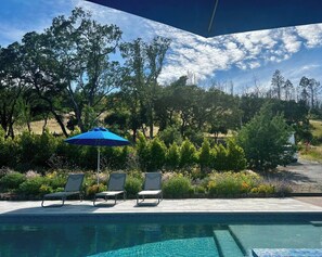 Ein Pool mit Liegestühlen und einem blauen Sonnenschirm, umgeben von viel Grün und Bäumen.