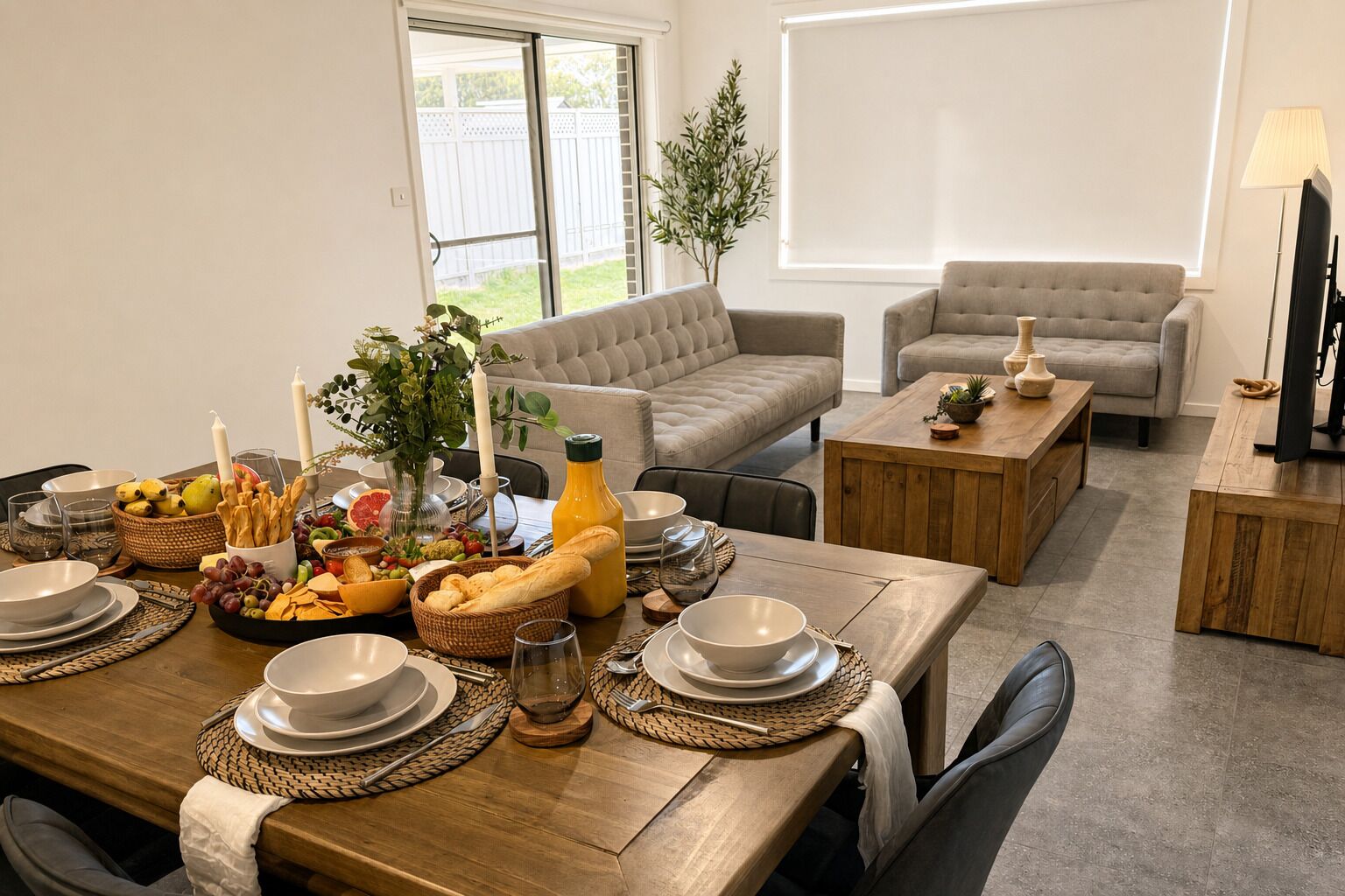 Ein Essbereich mit einem Holztisch, der für eine Mahlzeit gedeckt ist, einem grauen Sofa und einem Fernseher im Hintergrund.