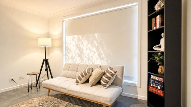 En moderne stue med sofa, gulvlampe, reol og stort vindue.