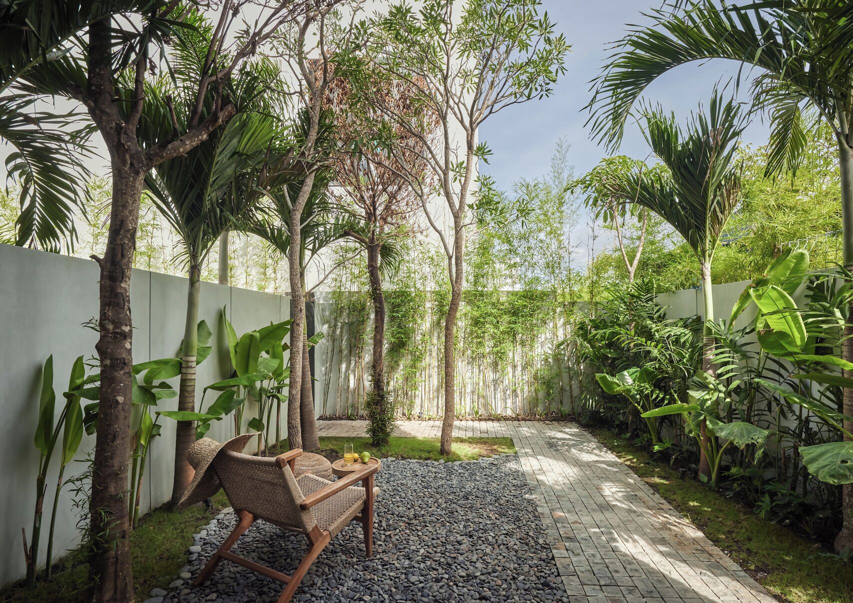 Un giardino con un’area salotto, un vialetto e diverse piante.