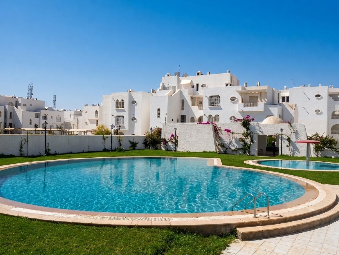 Une piscine à l’eau d’un bleu cristallin, entourée d’une pelouse bien entretenue et d’un bâtiment blanc doté de nombreuses fenêtres et de balcons.