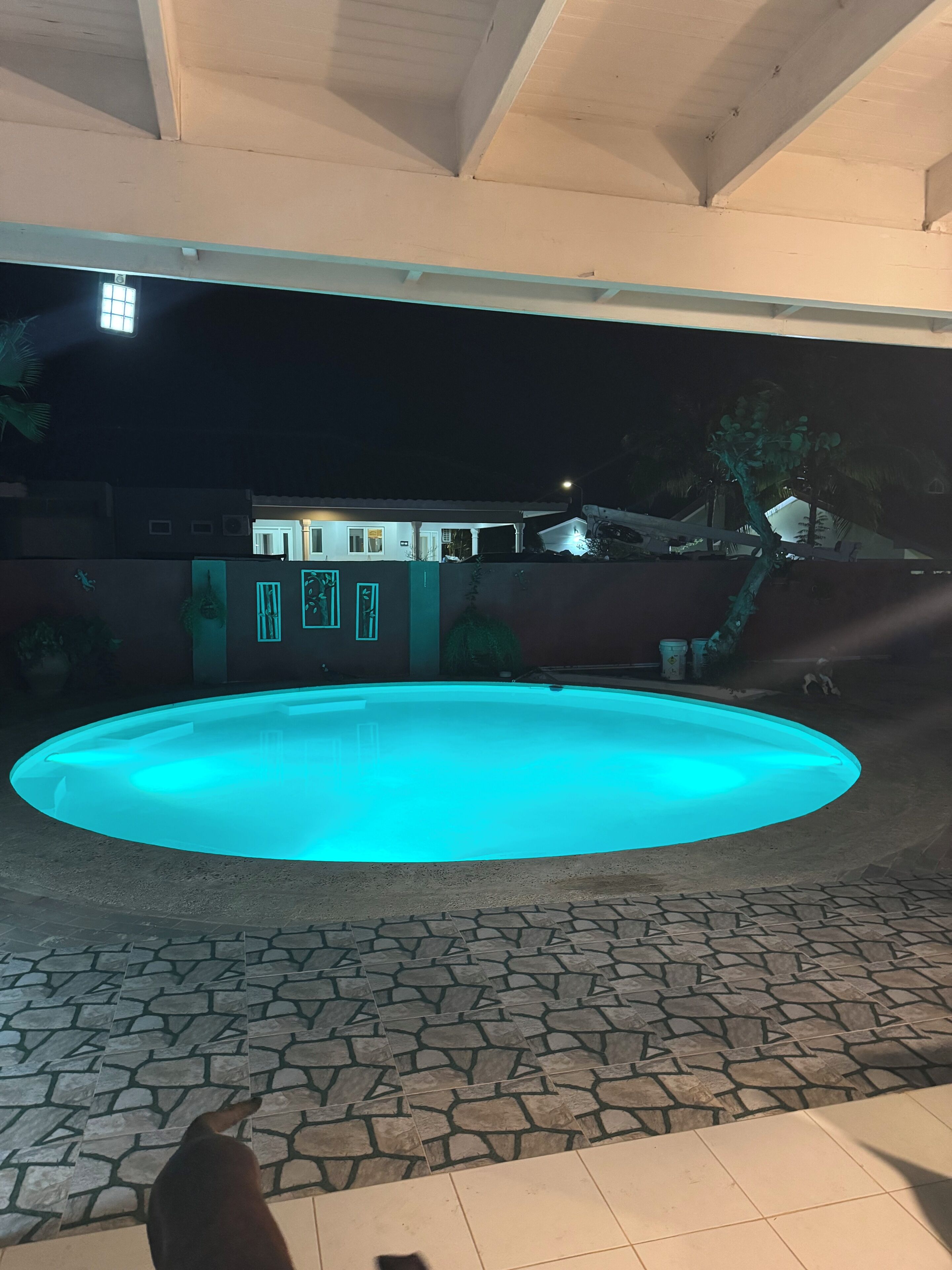 Una piscina con borde de baldosas de piedra, rodeada por un edificio de techo plano y una puerta visible.