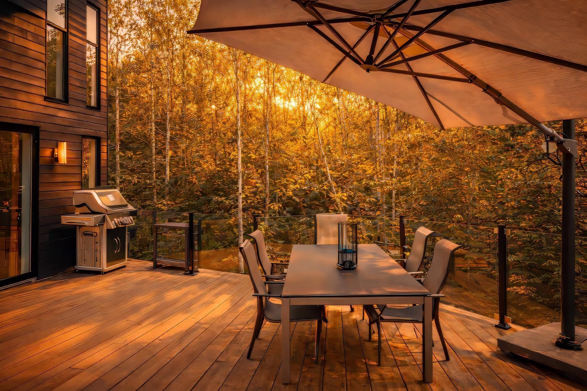A wooden deck with a table and chairs, a grill, and a large umbrella.