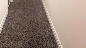 Un pasillo con piso alfombrado, paredes blancas y puertas a la izquierda.