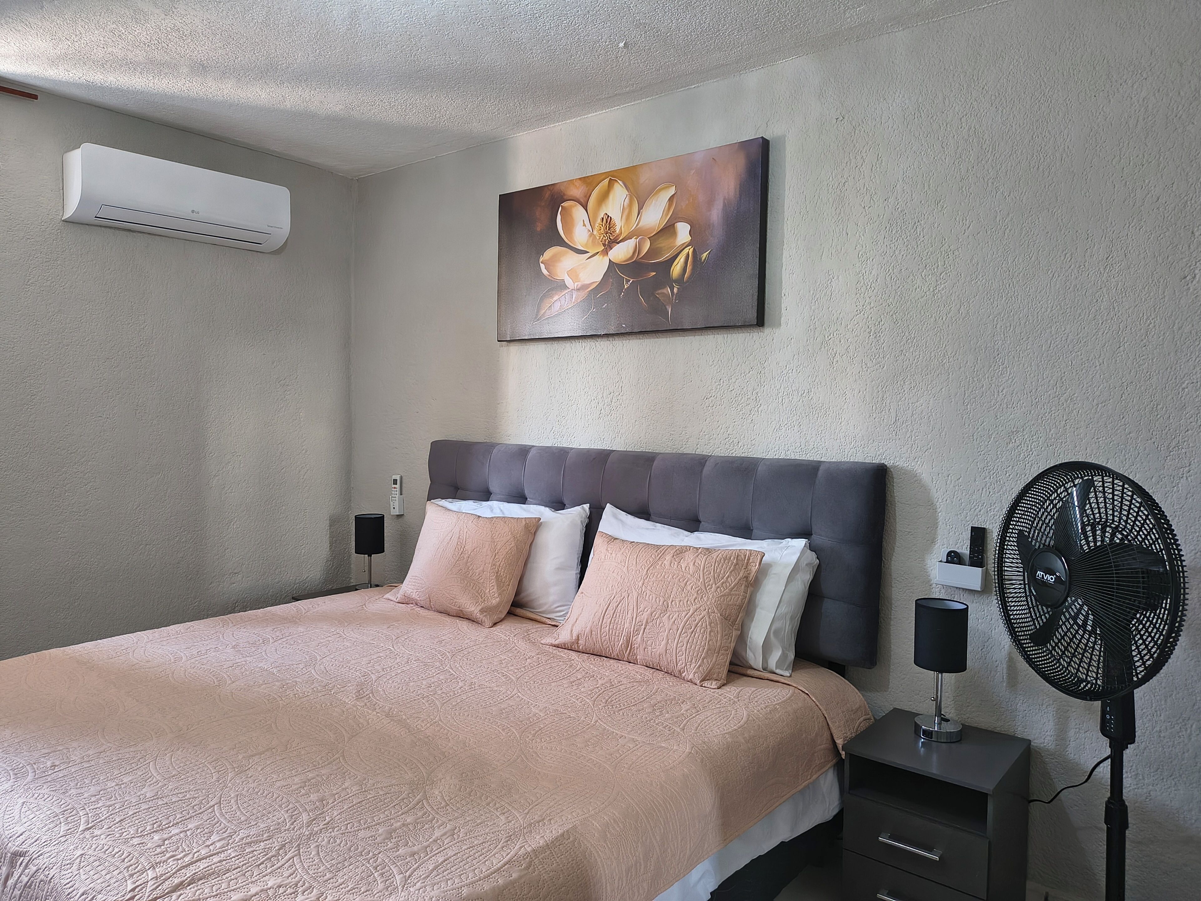 Un dormitorio con una cama, aire acondicionado de pared, un cuadro, una mesita de noche con lámpara y un ventilador de pie.