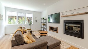 Un salon avec un canapé, un téléviseur, une cheminée et une bibliothèque.
