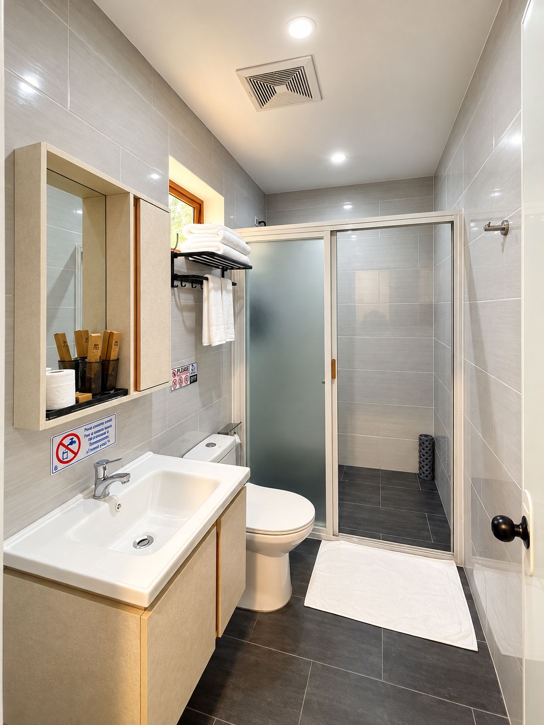 A modern bathroom with a sink, toilet, and shower area.
