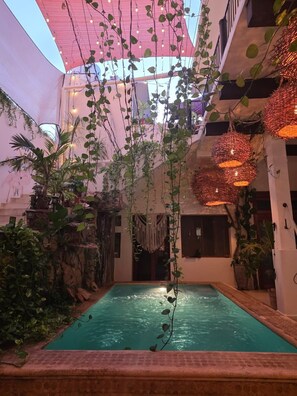 Piscina interior com borda de pedra, rodeada por vegetação e plantas pendentes.