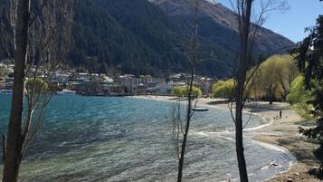 A lakeside view with a mountain in the background, a sandy beach, and a few trees.