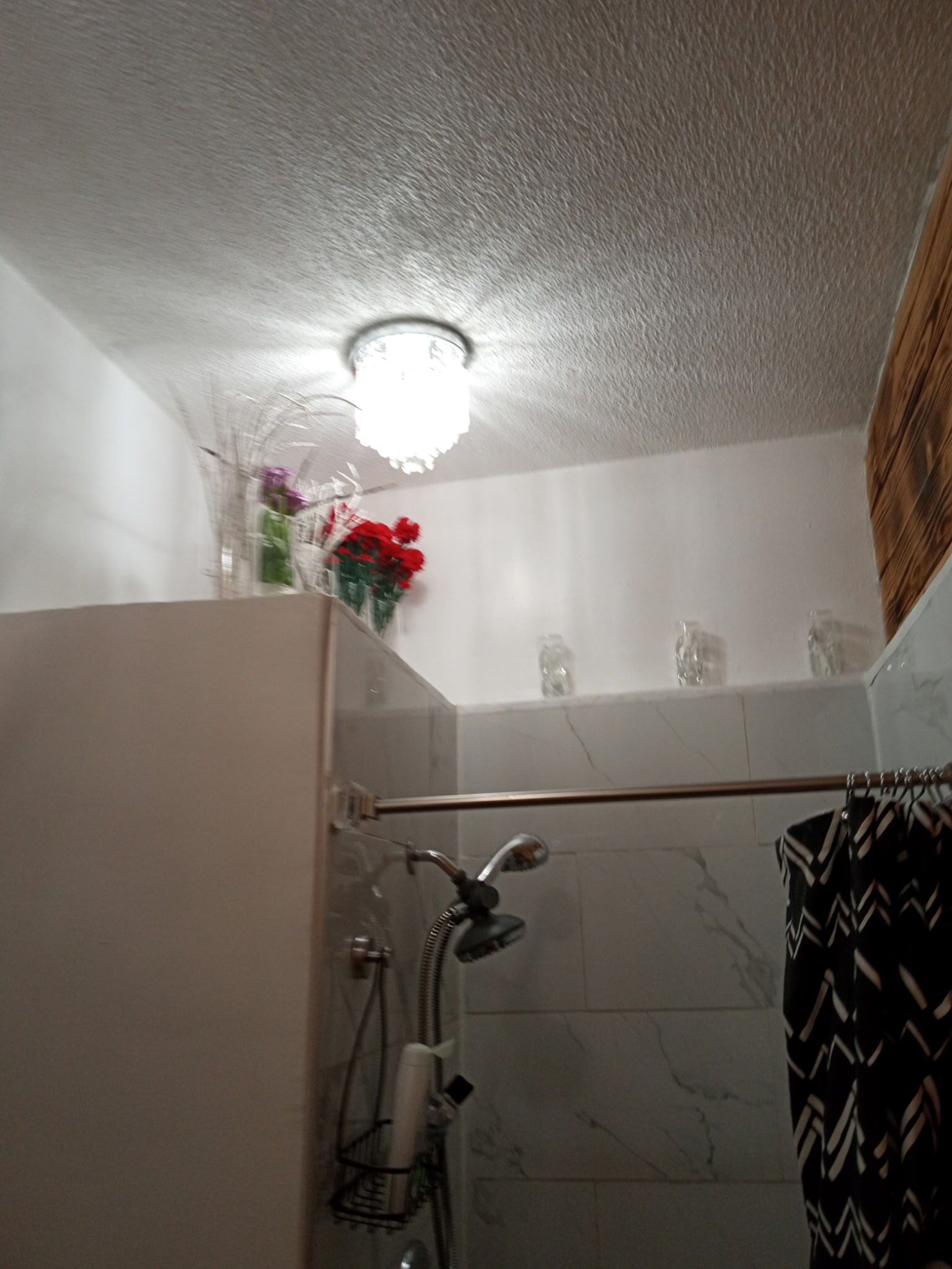 A bathroom with a shower, a towel rack, and a ceiling light fixture.
