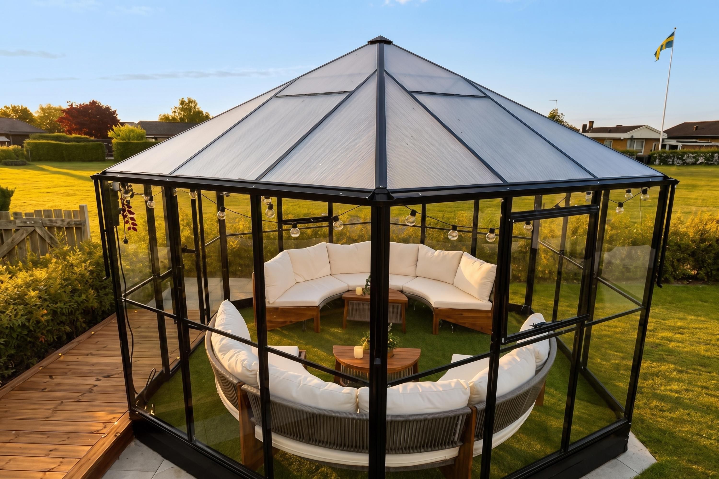 Un belvédère en verre abritant un canapé blanc incurvé et une table en bois, le tout entouré d’une terrasse en bois.