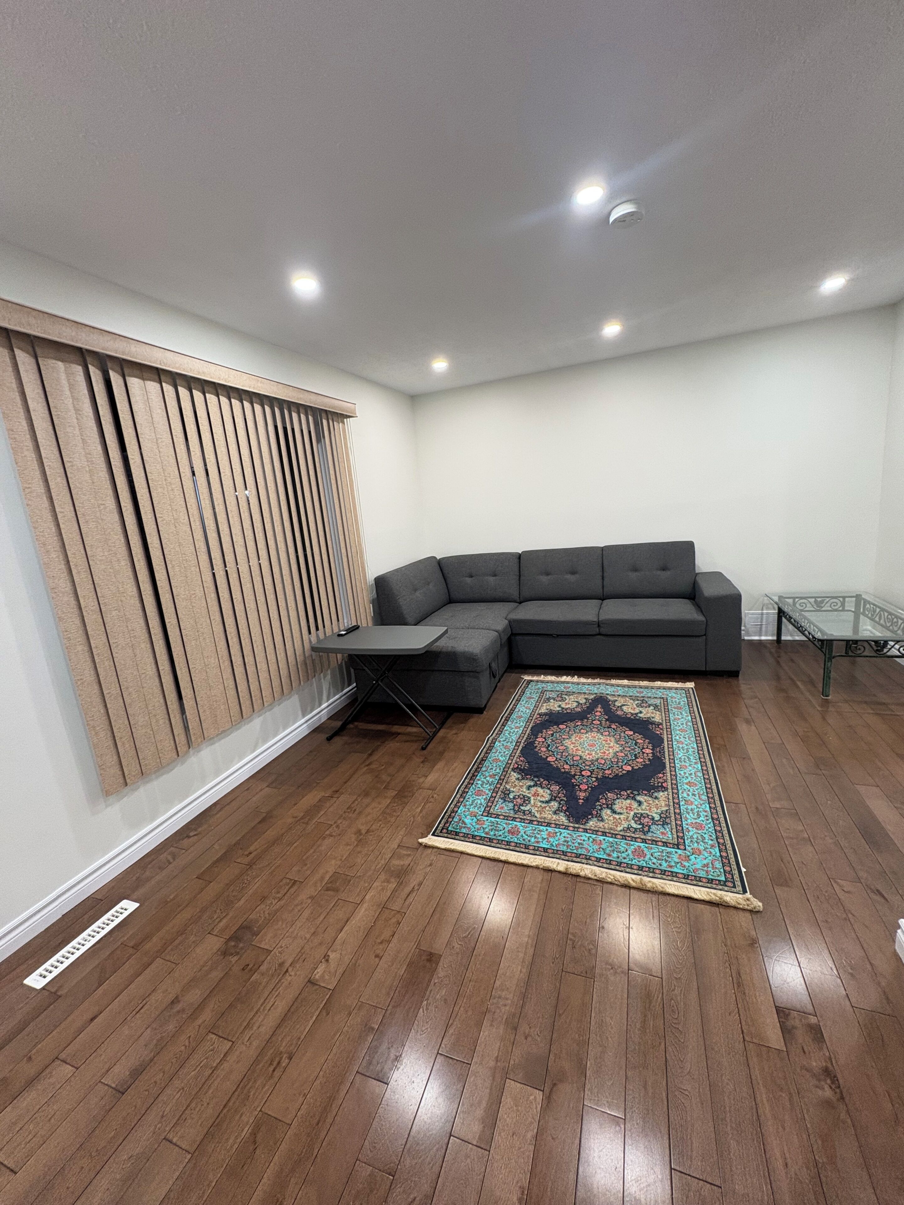 Una sala de estar con un sofá modular, un tapete estampado, piso de madera e iluminación empotrada en el techo.