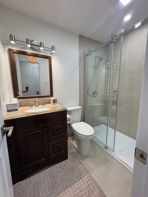 Hair dryer, towels, soap, toilet paper