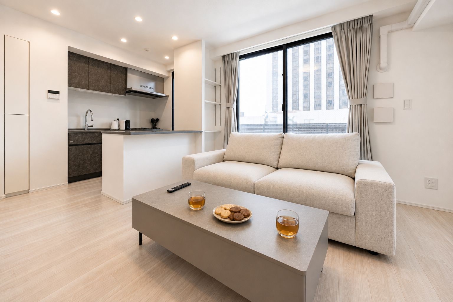 A modern living room with a sofa, a coffee table with a plate of cookies and a glass of tea, and a kitchen area with cabinets and a window.