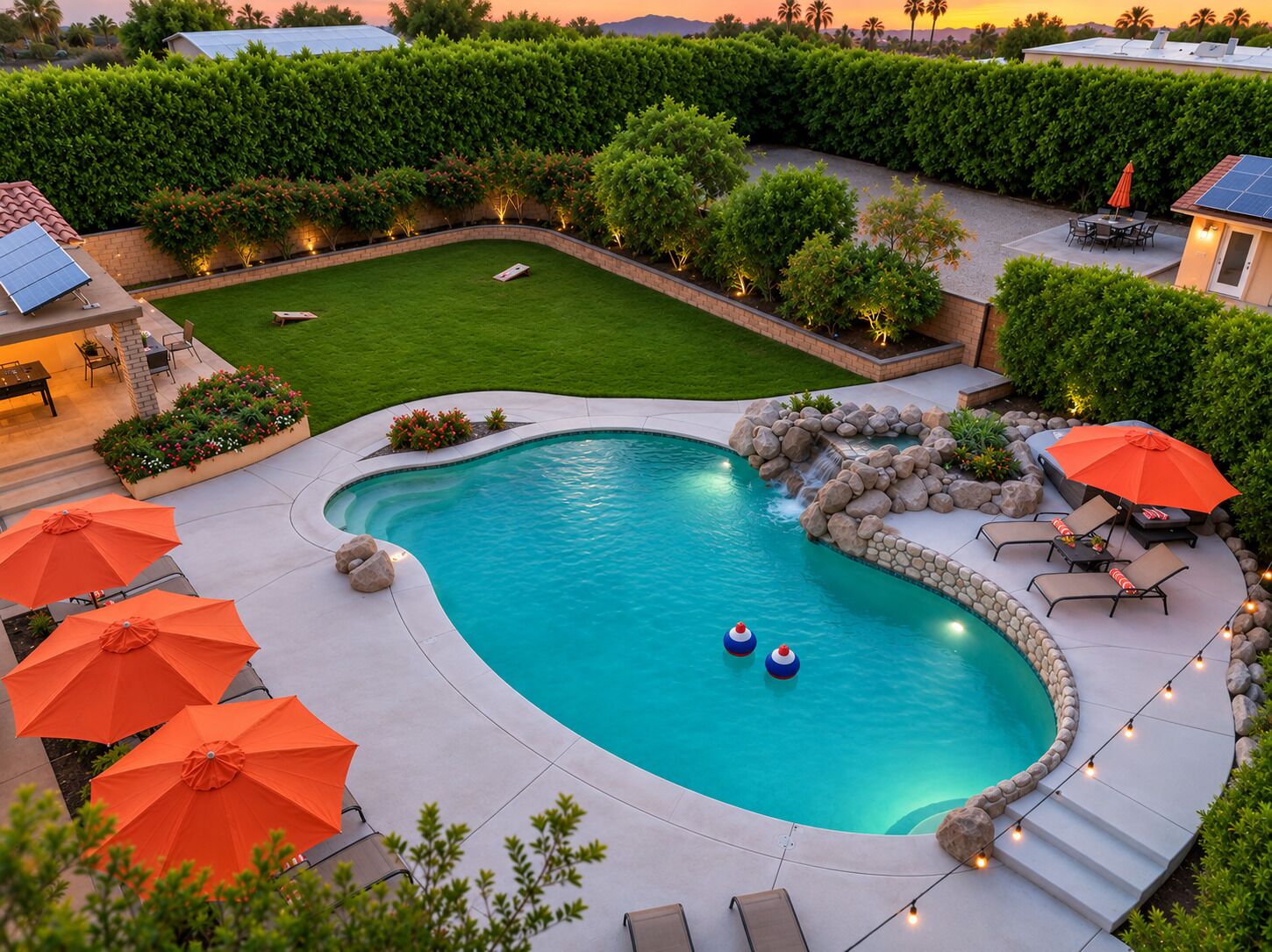 A backyard with a swimming pool, outdoor furniture, and a well-maintained lawn.