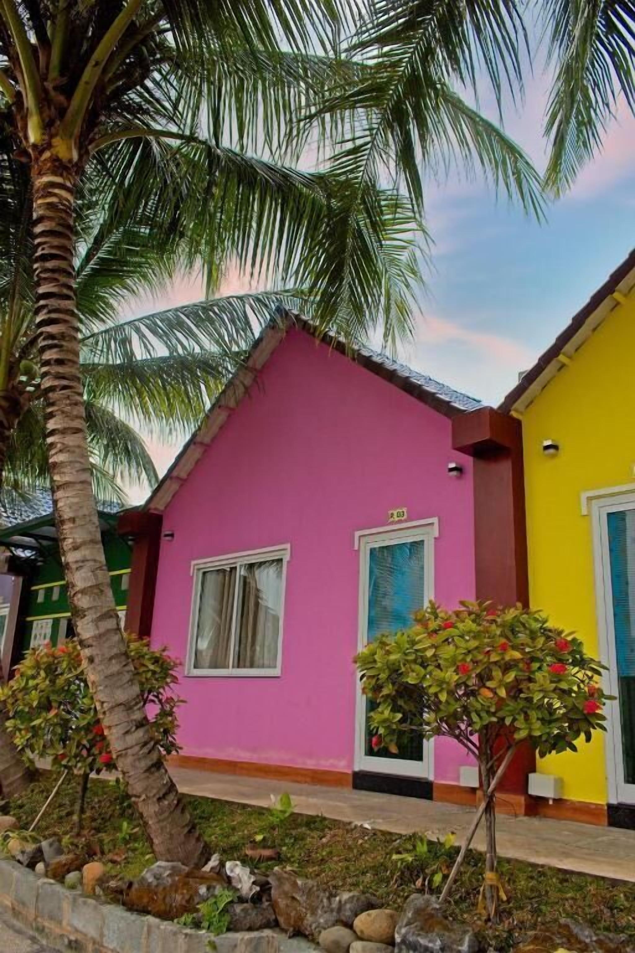 A pink and yellow building with a palm tree in the foreground.