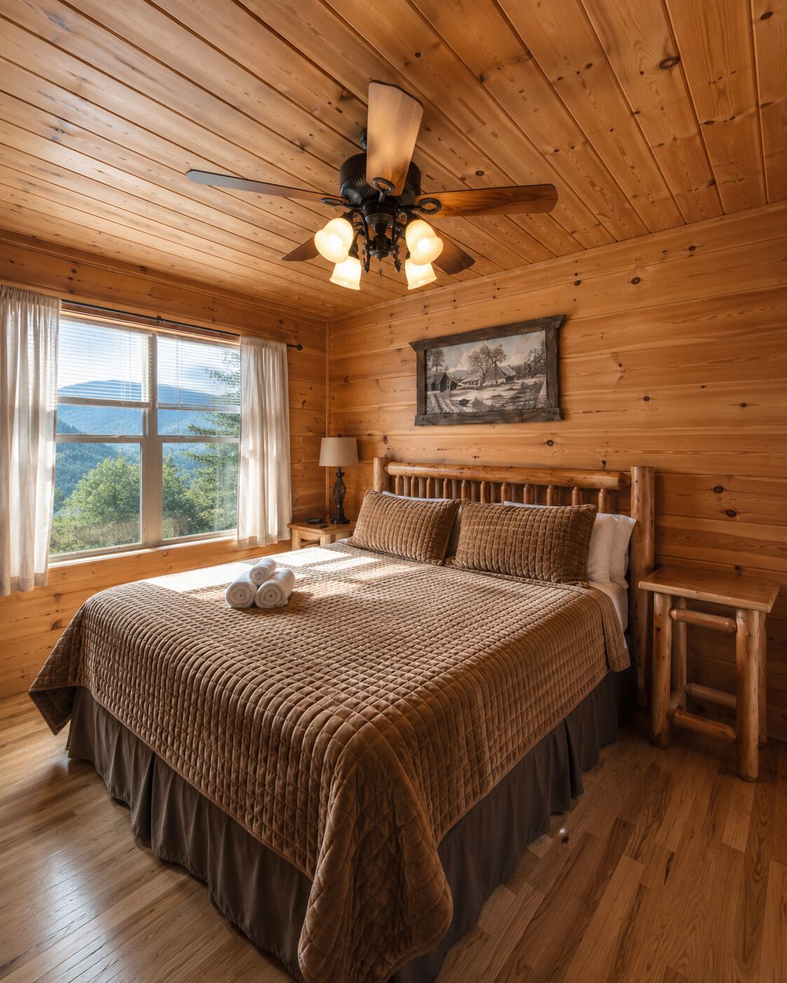 A wooden cabin bedroom with a bed, a nightstand, a lamp, a ceiling fan, and a window with curtains.