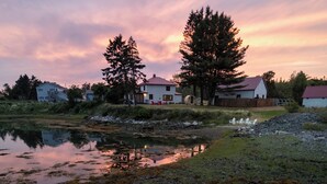 Propiedad junto al lago con una casa, un estanque y vegetación circundante.