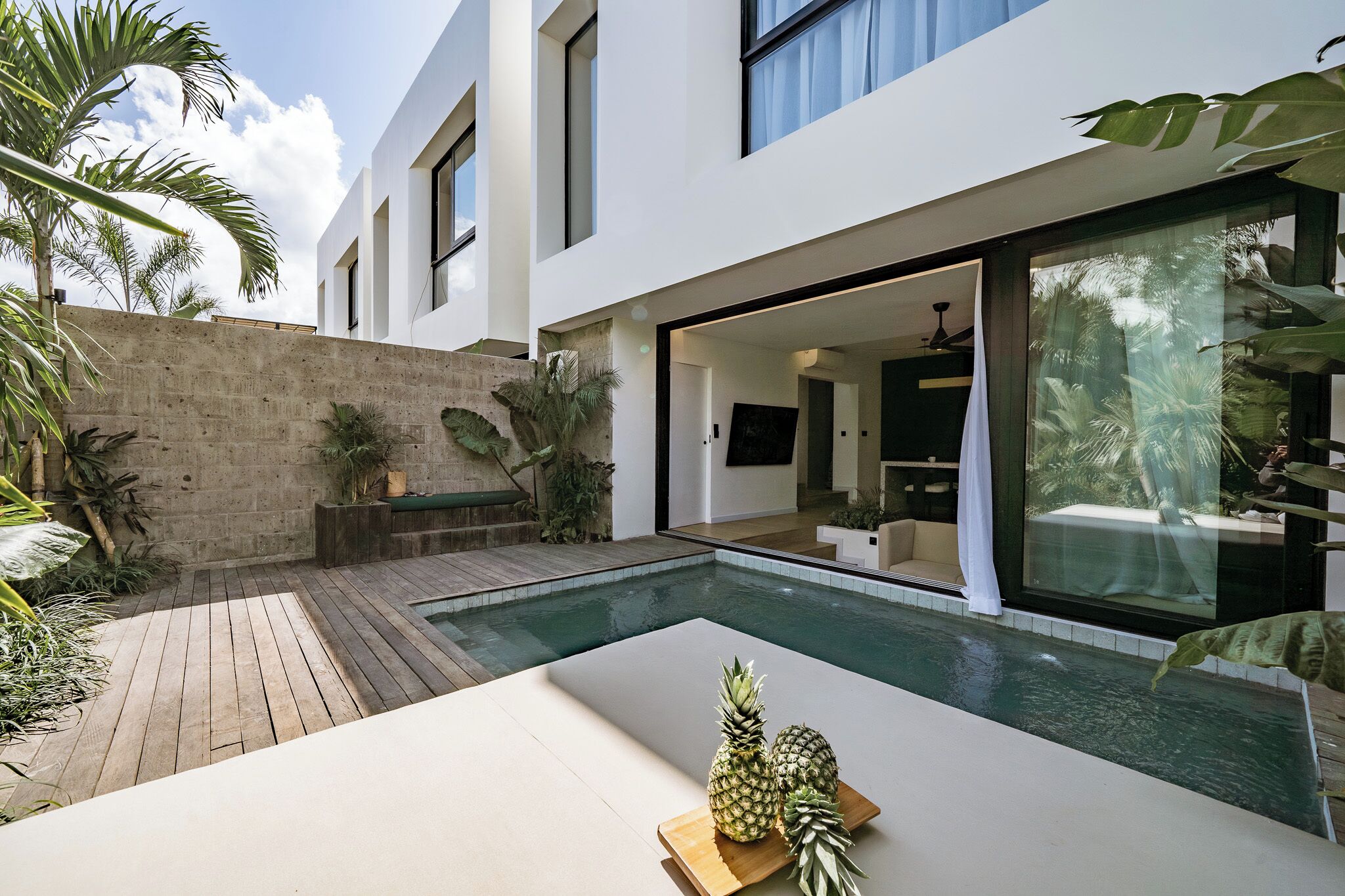 Uma casa moderna com piscina, área de estar externa e plantas tropicais.
