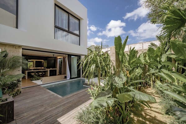 Una casa moderna con piscina, mobiliario exterior y plantas tropicales.