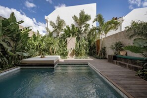 Un área de piscina con muelle de madera, rodeada de plantas tropicales y un muro blanco.