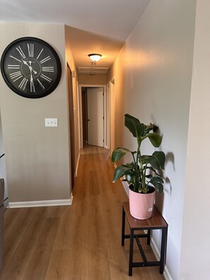 A hallway with a wall-mounted clock, a potted plant, and a door at the end.