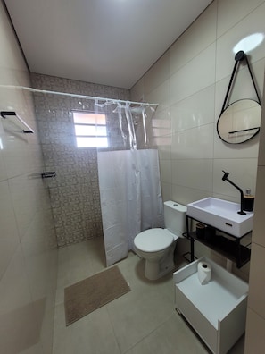 Regadera, toallas, jabón, papel de baño