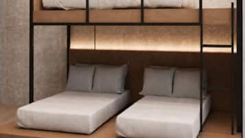A bunk bed with a wooden frame and a lower level with two beds.