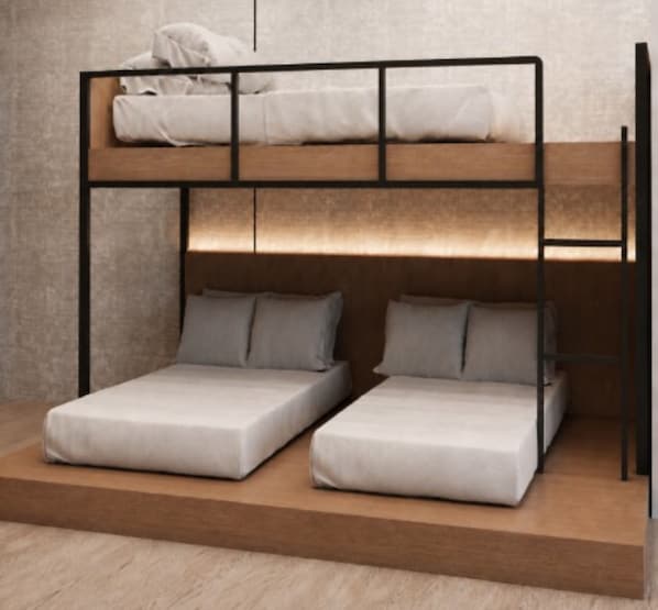 A bunk bed with a wooden frame and a lower level with two beds. - COMPASS HOTEL OSAKA HONMACHI (Osaka)