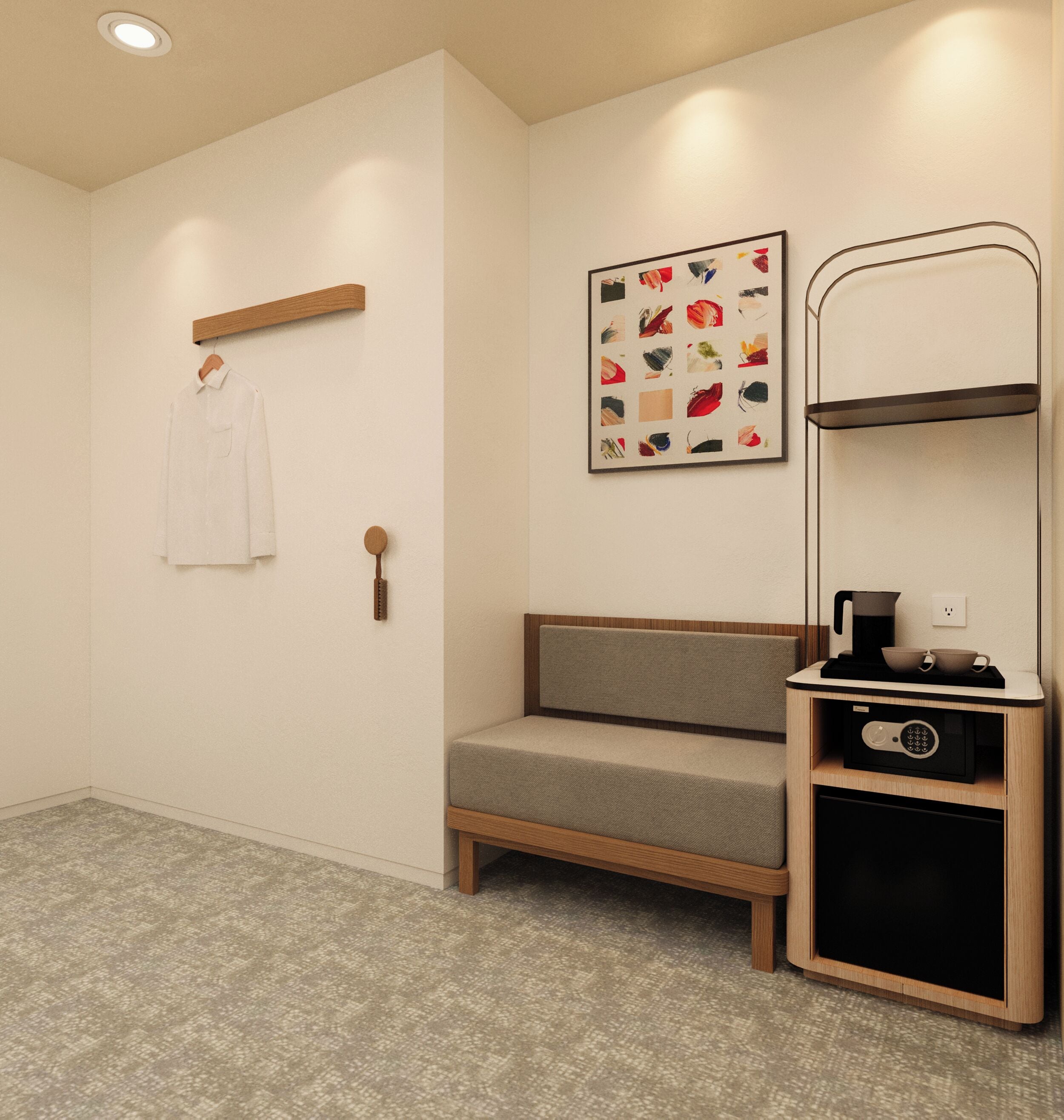 A modern bathroom with a wooden bench, a towel hanging on the wall, and a framed abstract art piece.