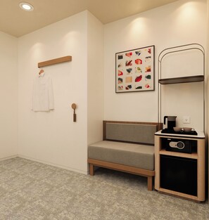 A modern bathroom with a wooden bench, a towel hanging on the wall, and a framed abstract art piece. - COMPASS HOTEL OSAKA HONMACHI (Osaka)