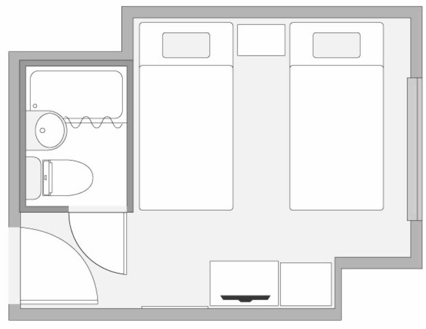 A floor plan with a bathroom, two bedrooms, a living area, and a kitchen.