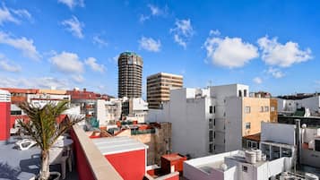 Terraza en la azotea con plantas en macetas, una palmera y vistas a un paisaje urbano que incluye un edificio alto.