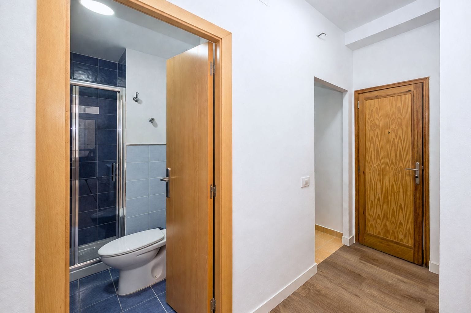 A bathroom with a toilet, shower, and wooden door.