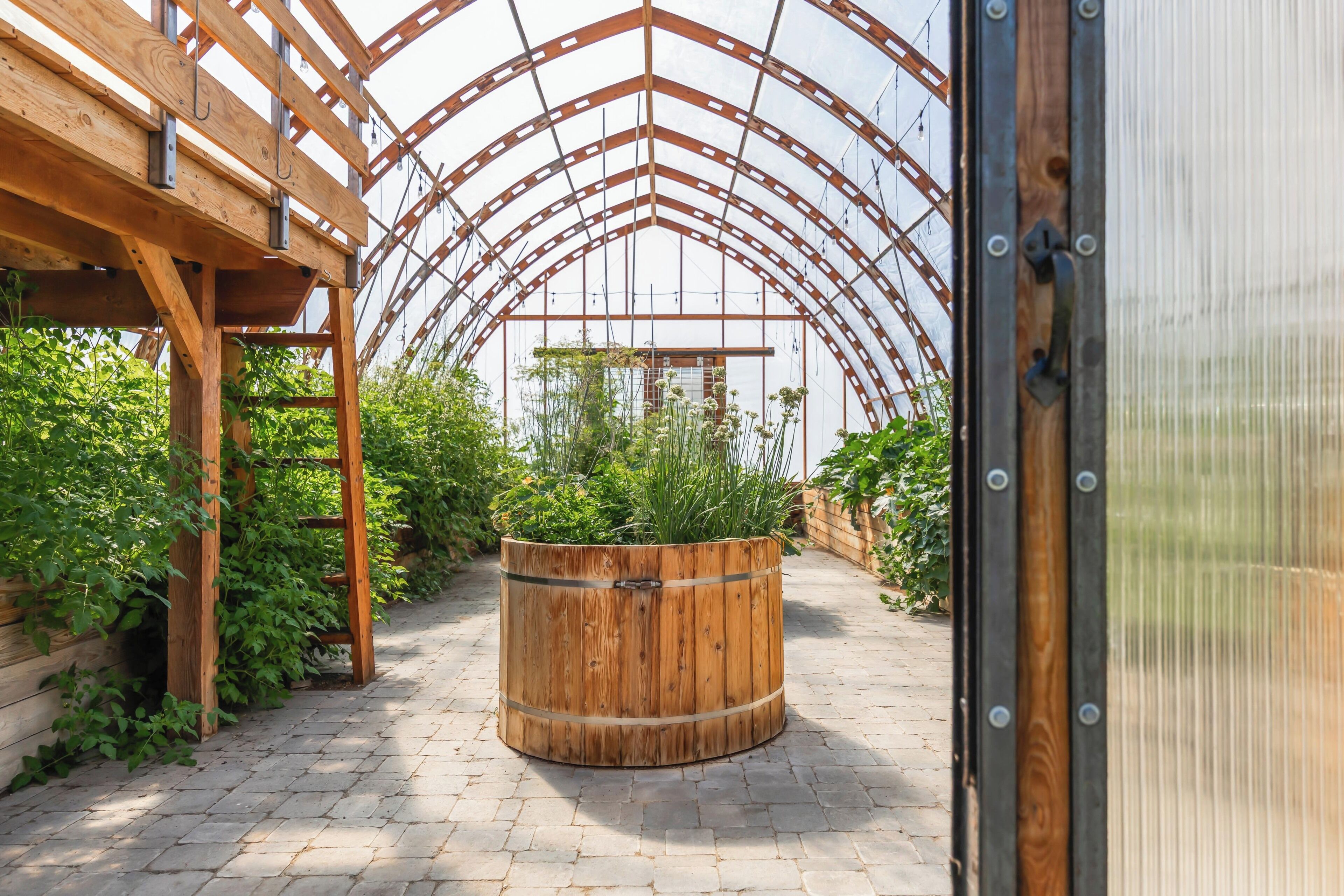 Une serre avec une structure en bois et un jardinier en bois au centre.