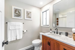 Shower, hair dryer, towels, toilet paper