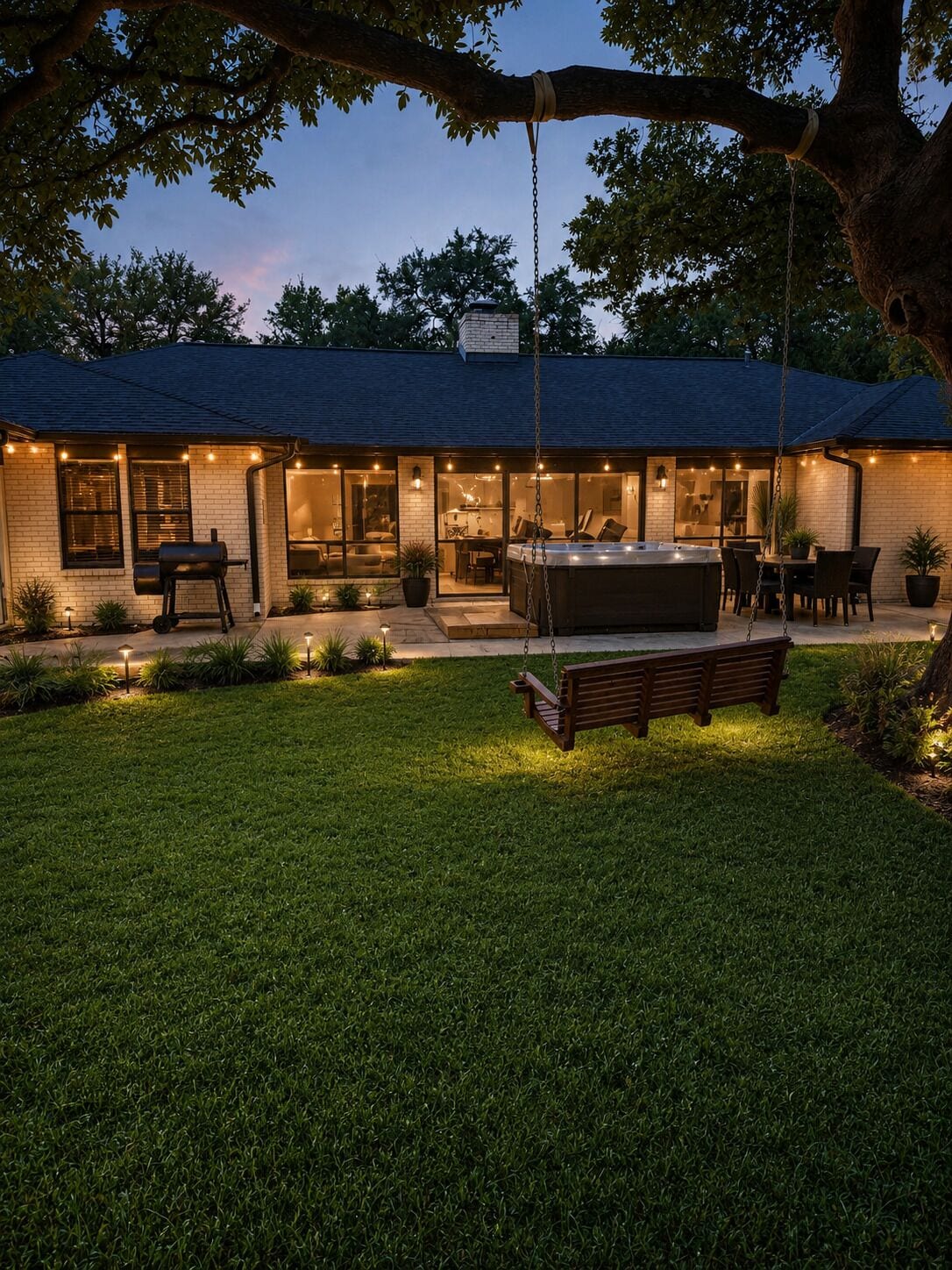 Une maison avec un patio, une balançoire et un jacuzzi.