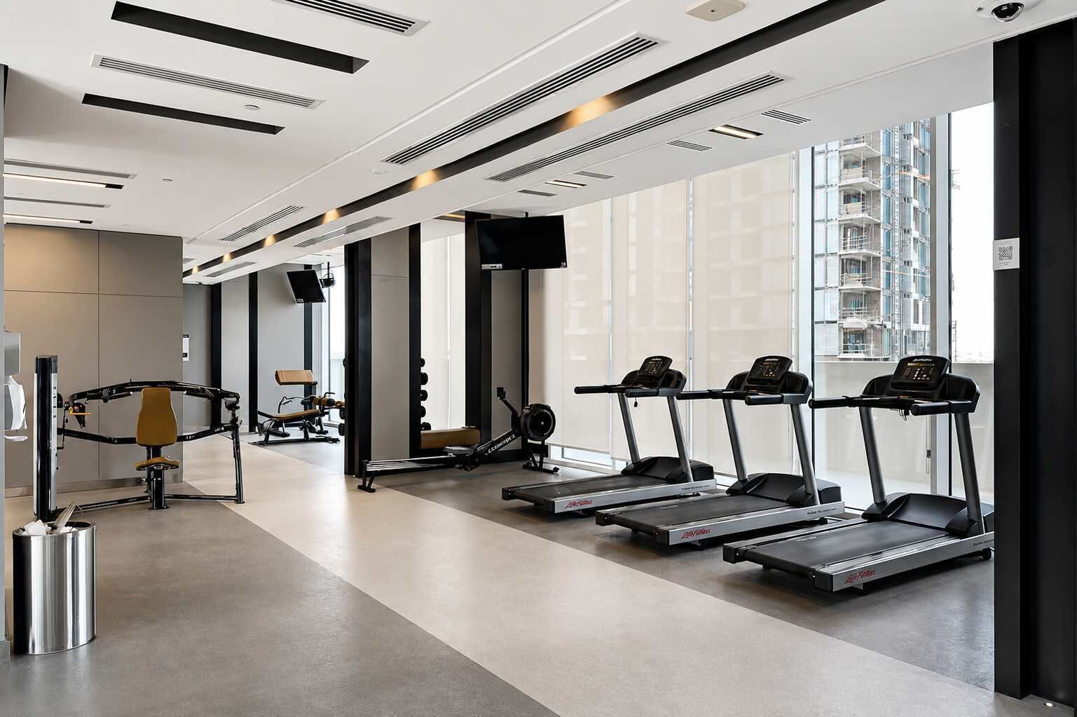 Ein modernes Fitnessstudio mit Laufbändern, einem Rudergerät und einer Bank.
