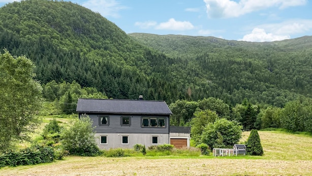 Ein zweistöckiges Haus mit dunklem Dach und hellen Wänden, umgeben von einer grünen Wiese und dichtem Wald.
