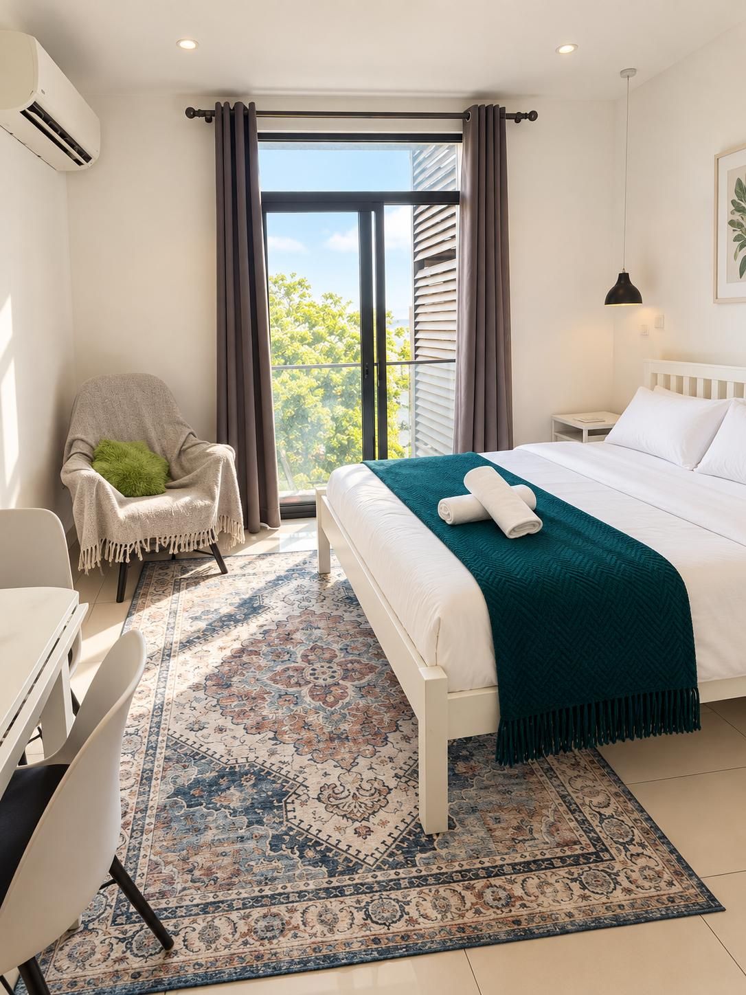 A modern hotel room with a large bed, a sitting area with a chair, a desk, and a view of greenery outside.