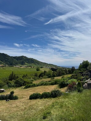 A rural landscape with rolling hills, a clear sky, and a distant view of the sea. - Azores Green Escape (Povoação)