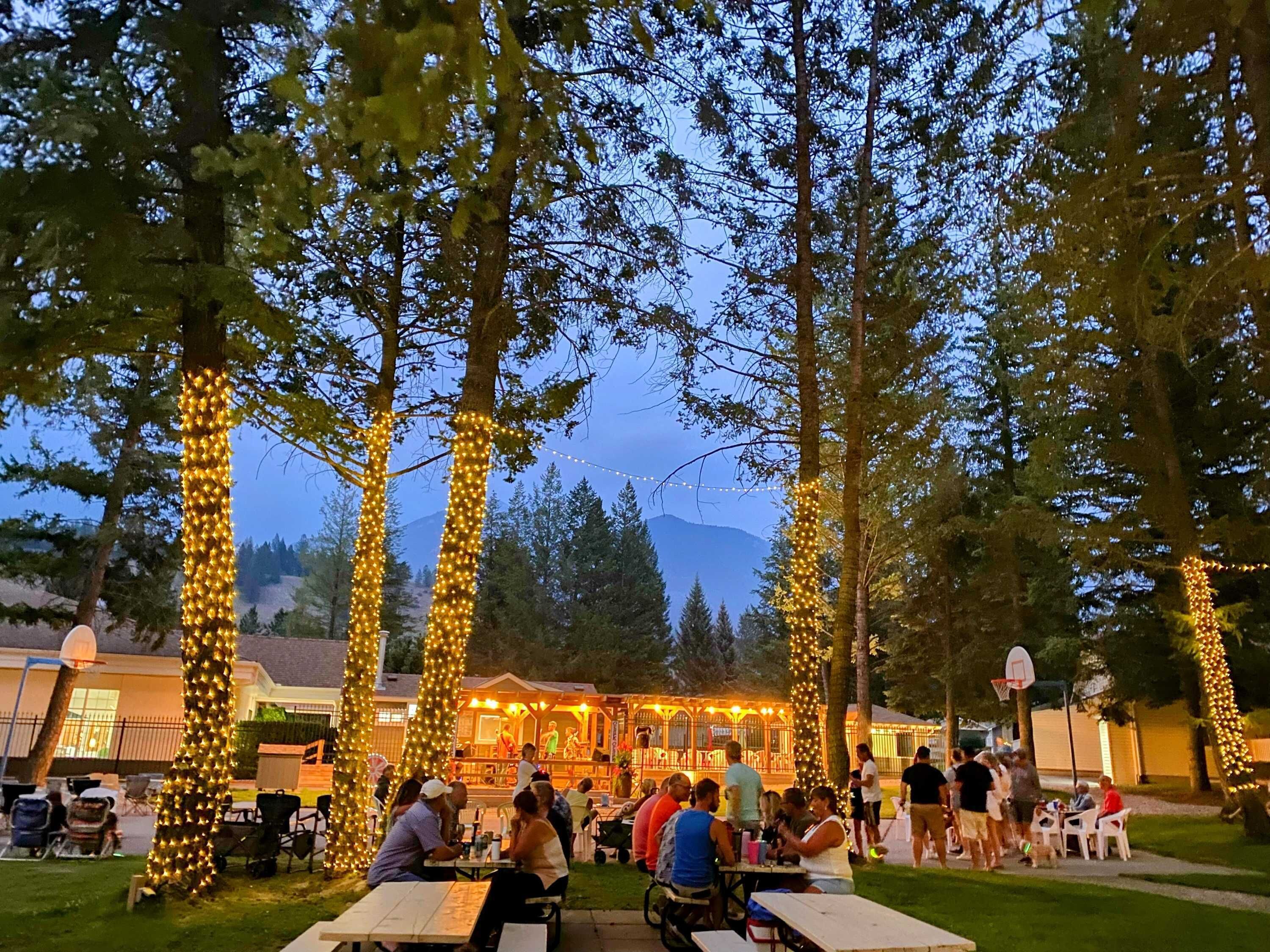 An outdoor dining area with tables and chairs, surrounded by trees and a building with a warm light setting.