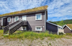 A two-story house with a wooden exterior, a staircase, and a grassy roof.