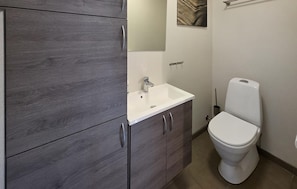 A bathroom with a white sink, a toilet, and wooden cabinets.