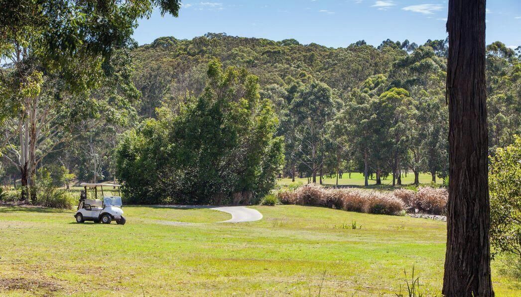 Ein Golfplatz mit Golfwagen, einem gewundenen Weg und einem bewaldeten Hügel im Hintergrund.