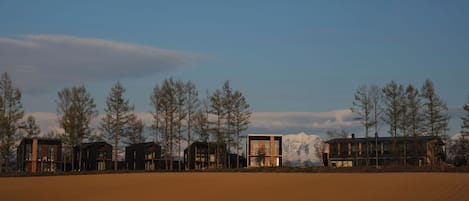 A row of modern cabins with a clear view of a mountain range in the background.